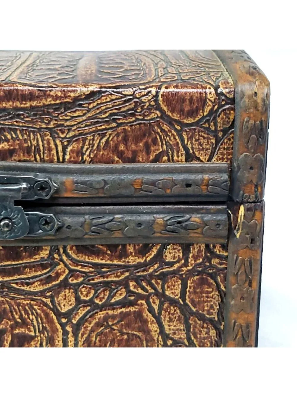 Vintage Wood & Faux Leather Carved Jewelry Treasure Chest Box With Metal Accents